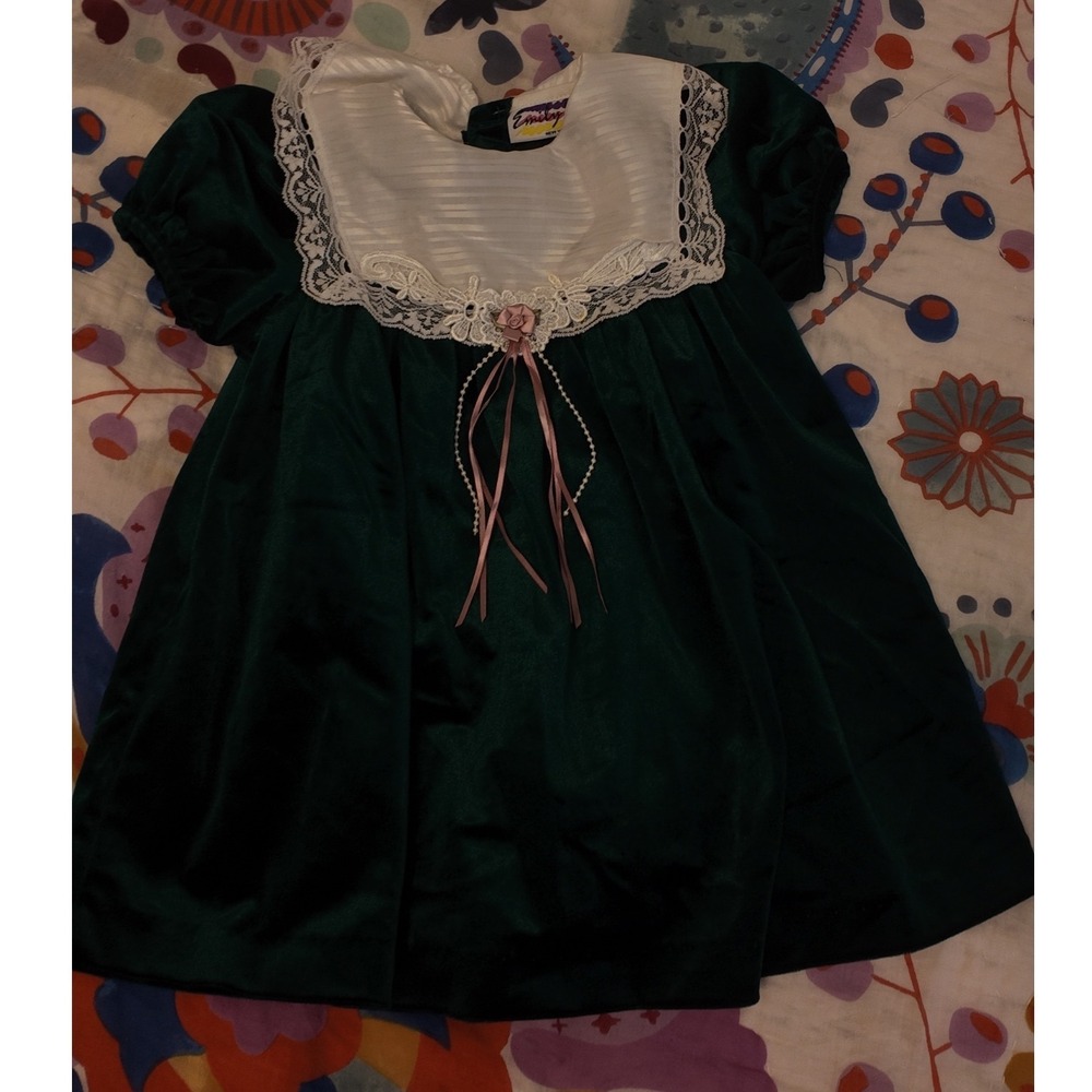 Vintage Emily West Green Velvet Lace Collar Holiday Party Dress Size 4 h5